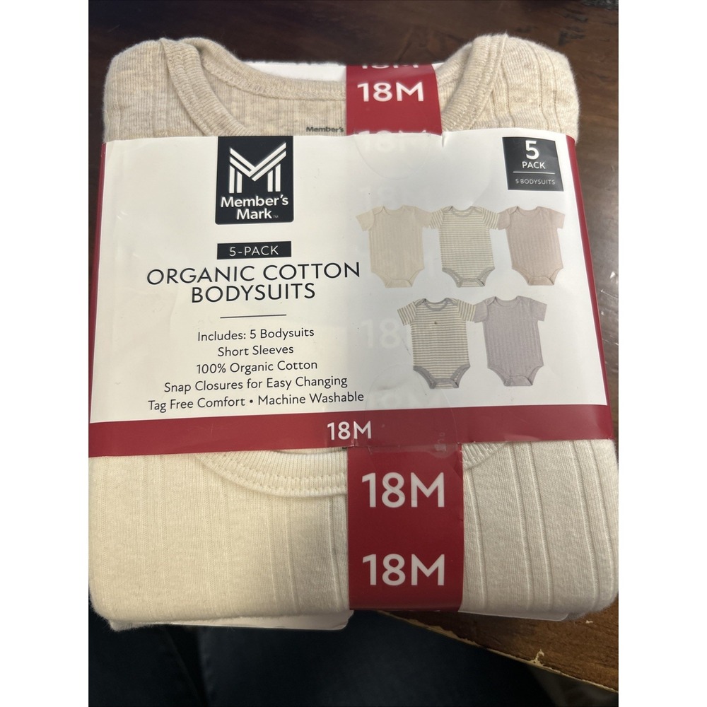 Member's Mark  Soft Organic Cotton Bodysuits  5 Pack Size 18 Month